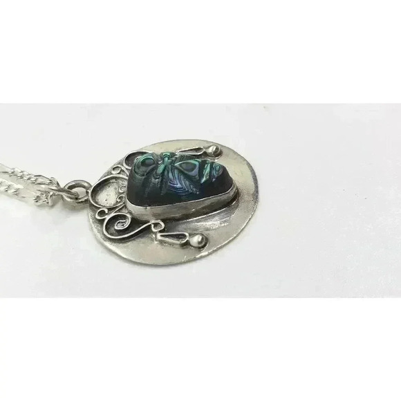TAXCO MEXICO Carved Abalone Warrior Aztec Face SIGNED Sterling Silver Pendant - Picture 2 of 10
